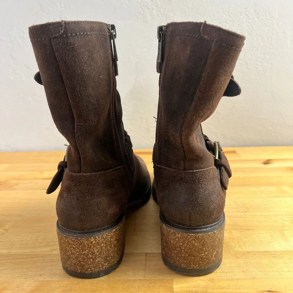 Aetrex Boots Nora Size 7 Brown Suede Braid Buckle Side Zip Block Heel NO INSOLES